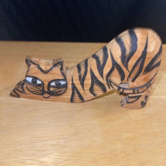 Hand-Carved Wooden Cat Figurines With Tiger Stripes - Picture 6 of 12